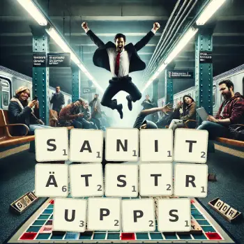 Kreative Illustration für ein Scrabble-Spiel, bei dem das Wort SANITÄTSTRUPPS mit Steinen auf dem Brett gelegt wurde.