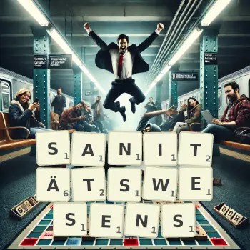 Kreative Illustration für ein Scrabble-Spiel, bei dem das Wort SANITÄTSWESENS mit Steinen auf dem Brett gelegt wurde.