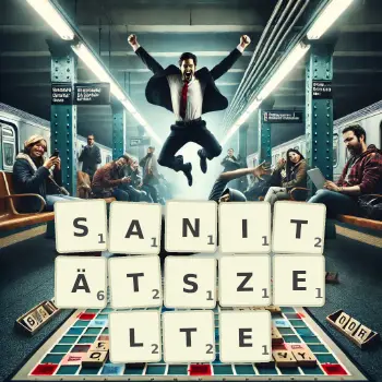 Kreative Illustration für ein Scrabble-Spiel, bei dem das Wort SANITÄTSZELTE mit Steinen auf dem Brett gelegt wurde.