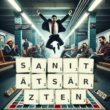 Kreative Illustration für ein Scrabble-Spiel, bei dem das Wort SANITÄTSÄRZTEN mit Steinen auf dem Brett gelegt wurde.