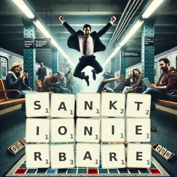 Kreative Illustration für ein Scrabble-Spiel, bei dem das Wort SANKTIONIERBARE mit Steinen auf dem Brett gelegt wurde.