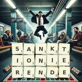 Kreative Illustration für ein Scrabble-Spiel, bei dem das Wort SANKTIONIERENDE mit Steinen auf dem Brett gelegt wurde.