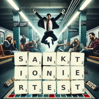 Kreative Illustration für ein Scrabble-Spiel, bei dem das Wort SANKTIONIERTEST mit Steinen auf dem Brett gelegt wurde.