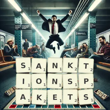 Kreative Illustration für ein Scrabble-Spiel, bei dem das Wort SANKTIONSPAKETS mit Steinen auf dem Brett gelegt wurde.