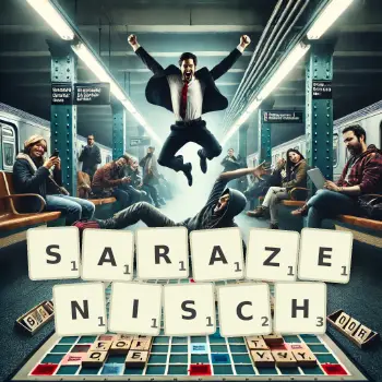 Kreative Illustration für ein Scrabble-Spiel, bei dem das Wort SARAZENISCH mit Steinen auf dem Brett gelegt wurde.