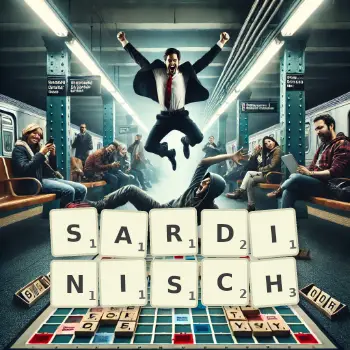 Kreative Illustration für ein Scrabble-Spiel, bei dem das Wort SARDINISCH mit Steinen auf dem Brett gelegt wurde.