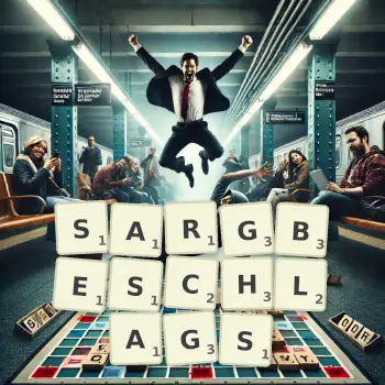 Kreative Illustration für ein Scrabble-Spiel, bei dem das Wort SARGBESCHLAGS mit Steinen auf dem Brett gelegt wurde.