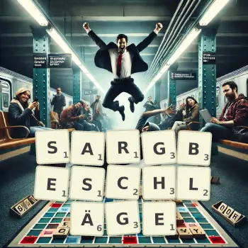 Kreative Illustration für ein Scrabble-Spiel, bei dem das Wort SARGBESCHLÄGE mit Steinen auf dem Brett gelegt wurde.