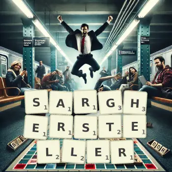 Kreative Illustration für ein Scrabble-Spiel, bei dem das Wort SARGHERSTELLER mit Steinen auf dem Brett gelegt wurde.