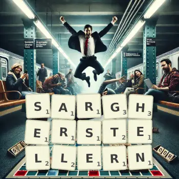 Kreative Illustration für ein Scrabble-Spiel, bei dem das Wort SARGHERSTELLERN mit Steinen auf dem Brett gelegt wurde.