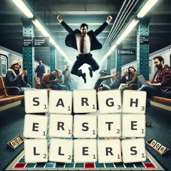 Kreative Illustration für ein Scrabble-Spiel, bei dem das Wort SARGHERSTELLERS mit Steinen auf dem Brett gelegt wurde.