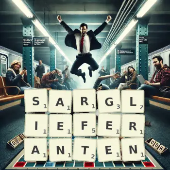 Kreative Illustration für ein Scrabble-Spiel, bei dem das Wort SARGLIEFERANTEN mit Steinen auf dem Brett gelegt wurde.