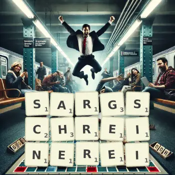 Kreative Illustration für ein Scrabble-Spiel, bei dem das Wort SARGSCHREINEREI mit Steinen auf dem Brett gelegt wurde.