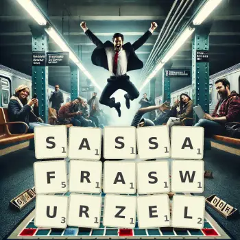 Kreative Illustration für ein Scrabble-Spiel, bei dem das Wort SASSAFRASWURZEL mit Steinen auf dem Brett gelegt wurde.