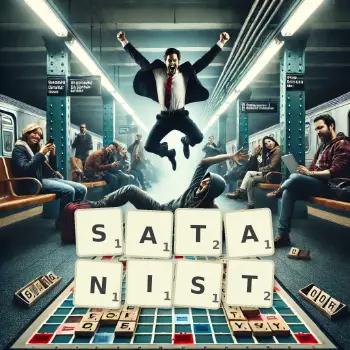 Kreative Illustration für ein Scrabble-Spiel, bei dem das Wort SATANIST mit Steinen auf dem Brett gelegt wurde.