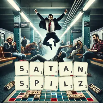 Kreative Illustration für ein Scrabble-Spiel, bei dem das Wort SATANSPILZ mit Steinen auf dem Brett gelegt wurde.