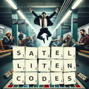 Kreative Illustration für ein Scrabble-Spiel, bei dem das Wort SATELLITENCODES mit Steinen auf dem Brett gelegt wurde.