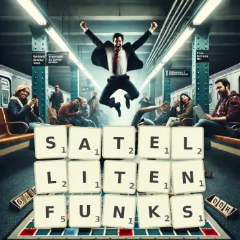 Kreative Illustration für ein Scrabble-Spiel, bei dem das Wort SATELLITENFUNKS mit Steinen auf dem Brett gelegt wurde.