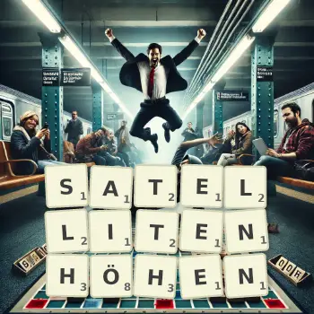 Kreative Illustration für ein Scrabble-Spiel, bei dem das Wort SATELLITENHÖHEN mit Steinen auf dem Brett gelegt wurde.