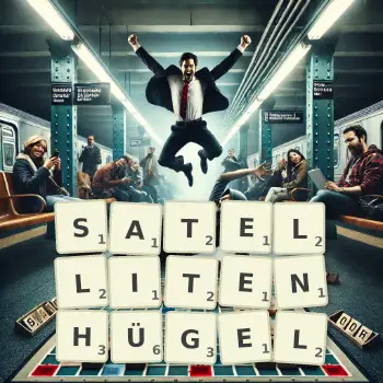 Kreative Illustration für ein Scrabble-Spiel, bei dem das Wort SATELLITENHÜGEL mit Steinen auf dem Brett gelegt wurde.