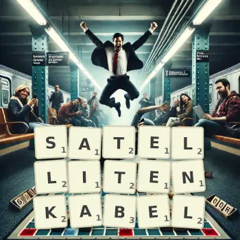 Kreative Illustration für ein Scrabble-Spiel, bei dem das Wort SATELLITENKABEL mit Steinen auf dem Brett gelegt wurde.