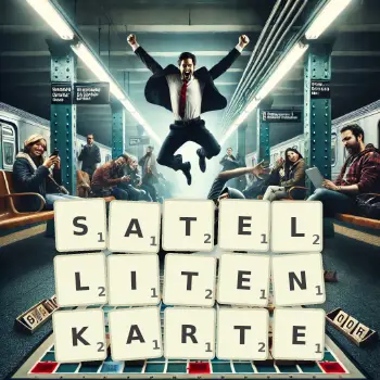 Kreative Illustration für ein Scrabble-Spiel, bei dem das Wort SATELLITENKARTE mit Steinen auf dem Brett gelegt wurde.