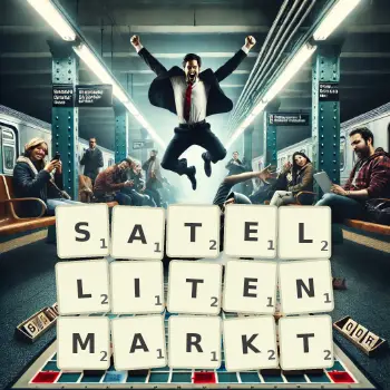 Kreative Illustration für ein Scrabble-Spiel, bei dem das Wort SATELLITENMARKT mit Steinen auf dem Brett gelegt wurde.