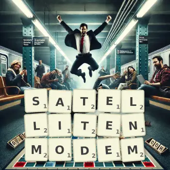 Kreative Illustration für ein Scrabble-Spiel, bei dem das Wort SATELLITENMODEM mit Steinen auf dem Brett gelegt wurde.