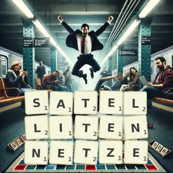 Kreative Illustration für ein Scrabble-Spiel, bei dem das Wort SATELLITENNETZE mit Steinen auf dem Brett gelegt wurde.