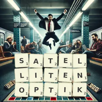 Kreative Illustration für ein Scrabble-Spiel, bei dem das Wort SATELLITENOPTIK mit Steinen auf dem Brett gelegt wurde.