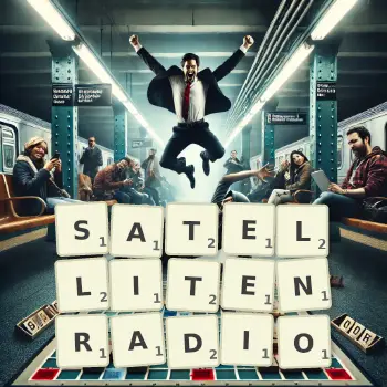 Kreative Illustration für ein Scrabble-Spiel, bei dem das Wort SATELLITENRADIO mit Steinen auf dem Brett gelegt wurde.