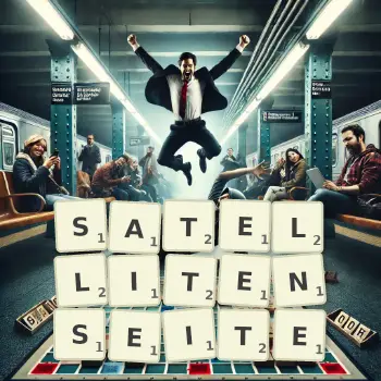 Kreative Illustration für ein Scrabble-Spiel, bei dem das Wort SATELLITENSEITE mit Steinen auf dem Brett gelegt wurde.