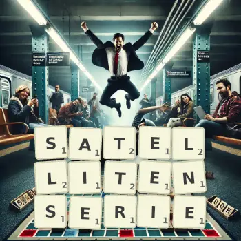 Kreative Illustration für ein Scrabble-Spiel, bei dem das Wort SATELLITENSERIE mit Steinen auf dem Brett gelegt wurde.