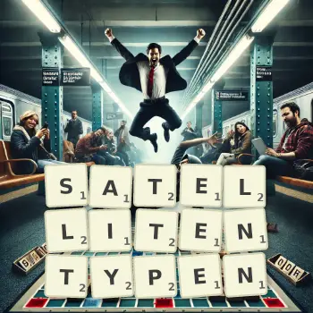 Kreative Illustration für ein Scrabble-Spiel, bei dem das Wort SATELLITENTYPEN mit Steinen auf dem Brett gelegt wurde.