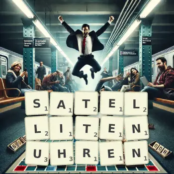 Kreative Illustration für ein Scrabble-Spiel, bei dem das Wort SATELLITENUHREN mit Steinen auf dem Brett gelegt wurde.