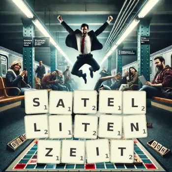Kreative Illustration für ein Scrabble-Spiel, bei dem das Wort SATELLITENZEIT mit Steinen auf dem Brett gelegt wurde.