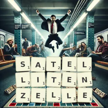 Kreative Illustration für ein Scrabble-Spiel, bei dem das Wort SATELLITENZELLE mit Steinen auf dem Brett gelegt wurde.