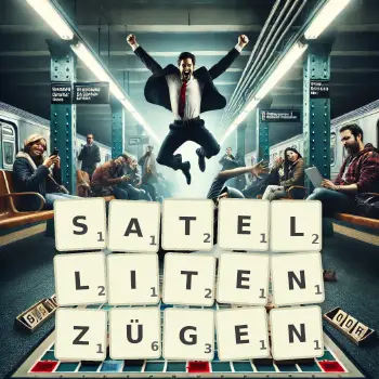 Kreative Illustration für ein Scrabble-Spiel, bei dem das Wort SATELLITENZÜGEN mit Steinen auf dem Brett gelegt wurde.