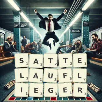 Kreative Illustration für ein Scrabble-Spiel, bei dem das Wort SATTELAUFLIEGER mit Steinen auf dem Brett gelegt wurde.