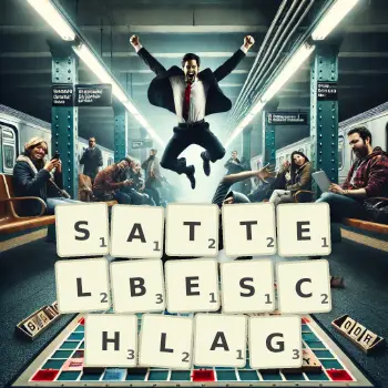 Kreative Illustration für ein Scrabble-Spiel, bei dem das Wort SATTELBESCHLAG mit Steinen auf dem Brett gelegt wurde.