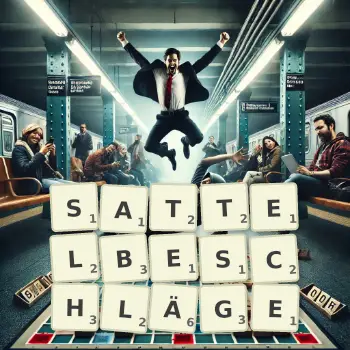 Kreative Illustration für ein Scrabble-Spiel, bei dem das Wort SATTELBESCHLÄGE mit Steinen auf dem Brett gelegt wurde.