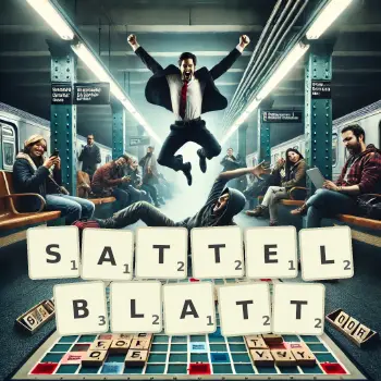 Kreative Illustration für ein Scrabble-Spiel, bei dem das Wort SATTELBLATT mit Steinen auf dem Brett gelegt wurde.