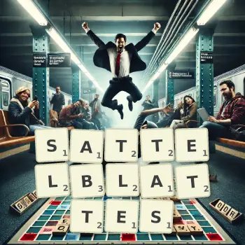 Kreative Illustration für ein Scrabble-Spiel, bei dem das Wort SATTELBLATTES mit Steinen auf dem Brett gelegt wurde.