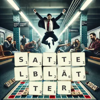 Kreative Illustration für ein Scrabble-Spiel, bei dem das Wort SATTELBLÄTTER mit Steinen auf dem Brett gelegt wurde.