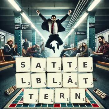 Kreative Illustration für ein Scrabble-Spiel, bei dem das Wort SATTELBLÄTTERN mit Steinen auf dem Brett gelegt wurde.