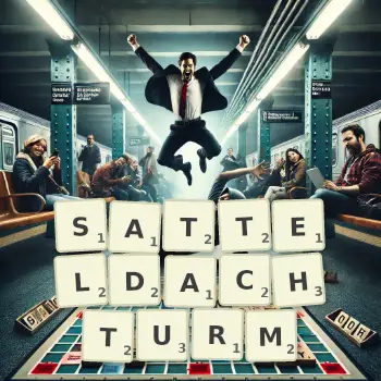 Kreative Illustration für ein Scrabble-Spiel, bei dem das Wort SATTELDACHTURM mit Steinen auf dem Brett gelegt wurde.