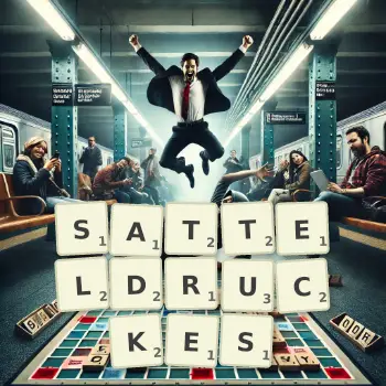 Kreative Illustration für ein Scrabble-Spiel, bei dem das Wort SATTELDRUCKES mit Steinen auf dem Brett gelegt wurde.
