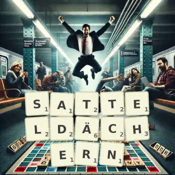 Kreative Illustration für ein Scrabble-Spiel, bei dem das Wort SATTELDÄCHERN mit Steinen auf dem Brett gelegt wurde.