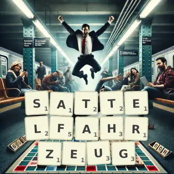 Kreative Illustration für ein Scrabble-Spiel, bei dem das Wort SATTELFAHRZEUG mit Steinen auf dem Brett gelegt wurde.