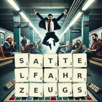 Kreative Illustration für ein Scrabble-Spiel, bei dem das Wort SATTELFAHRZEUGS mit Steinen auf dem Brett gelegt wurde.